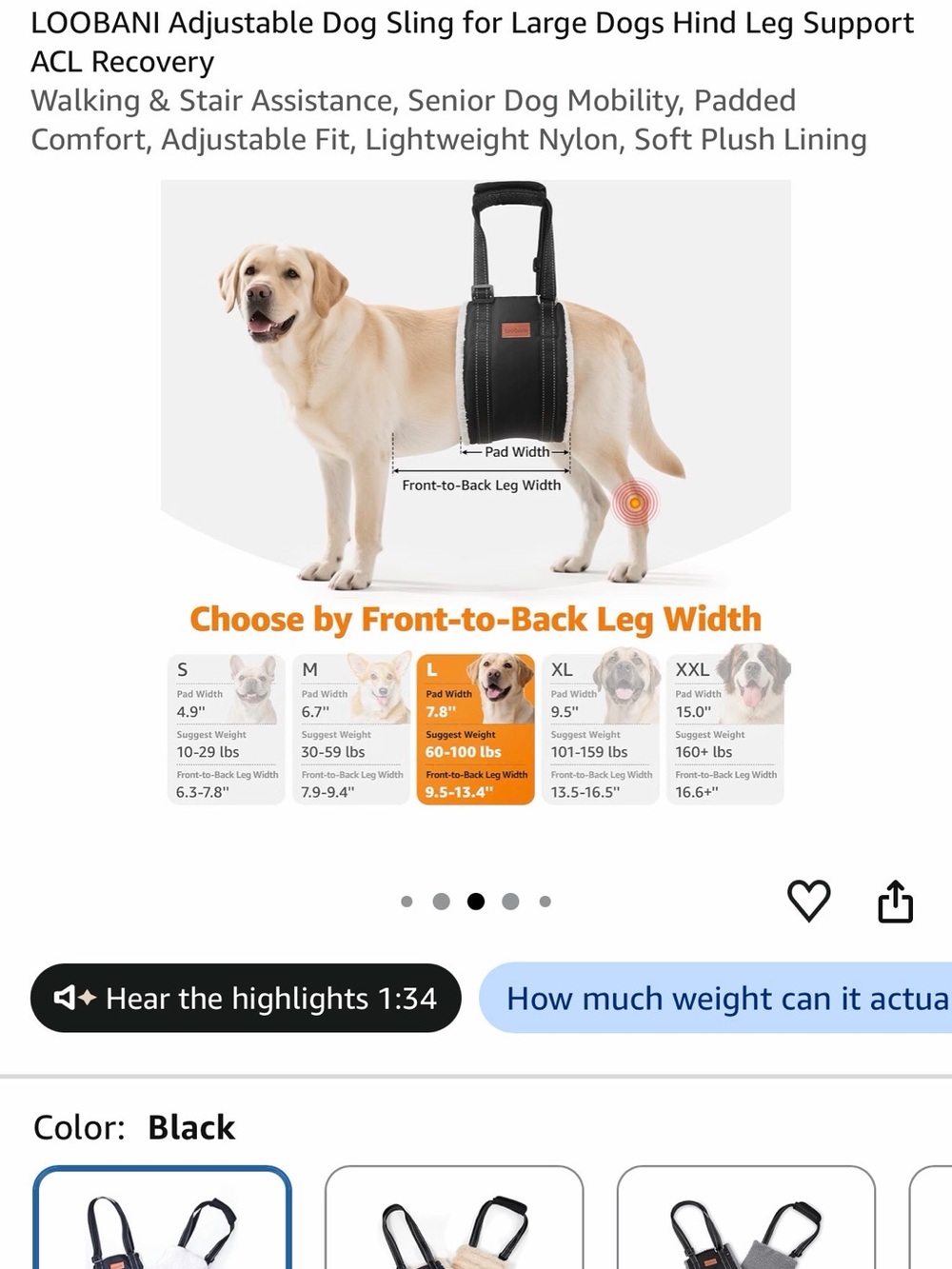 BNWT Sz L. Dog mobility sling for hind, rear leg assistance.